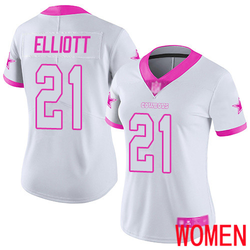 Women Dallas Cowboys Limited White Pink Ezekiel Elliott #21 Rush Fashion NFL Jersey